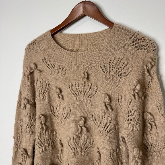 Alan Blizerian Tan 100% Cashmere Open Textured‎ Seashell Neck Sweater - Picture 4 of 16